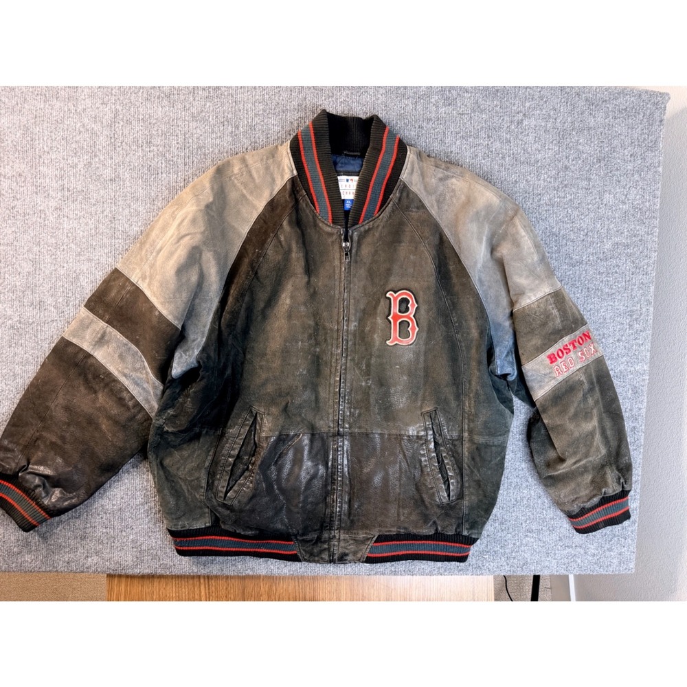 Vintage Boston Red Sox Genuine Merchandise Leather Jacket Men XL Distressed Gray